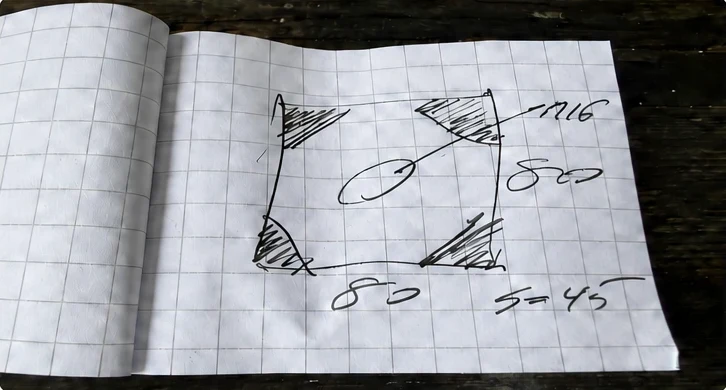 80 × 80 mm teräpalan käsin piirretty luonnos ruutupaperilla