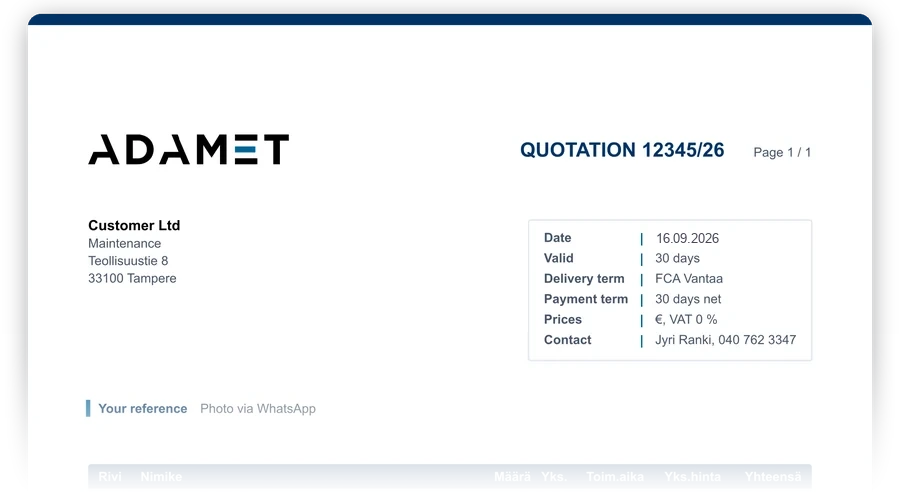 Quote 12345/26 on Adamet's quote template: date 04.10.2026, validity, delivery term FCA Vantaa and payment term net 30 days