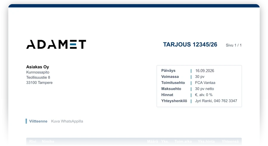 Tarjous 12345/26, Adametin tarjouspohja: päiväys 04.10.2026, voimassaolo, toimitusehto FCA Vantaa, maksuehto 30 pv netto